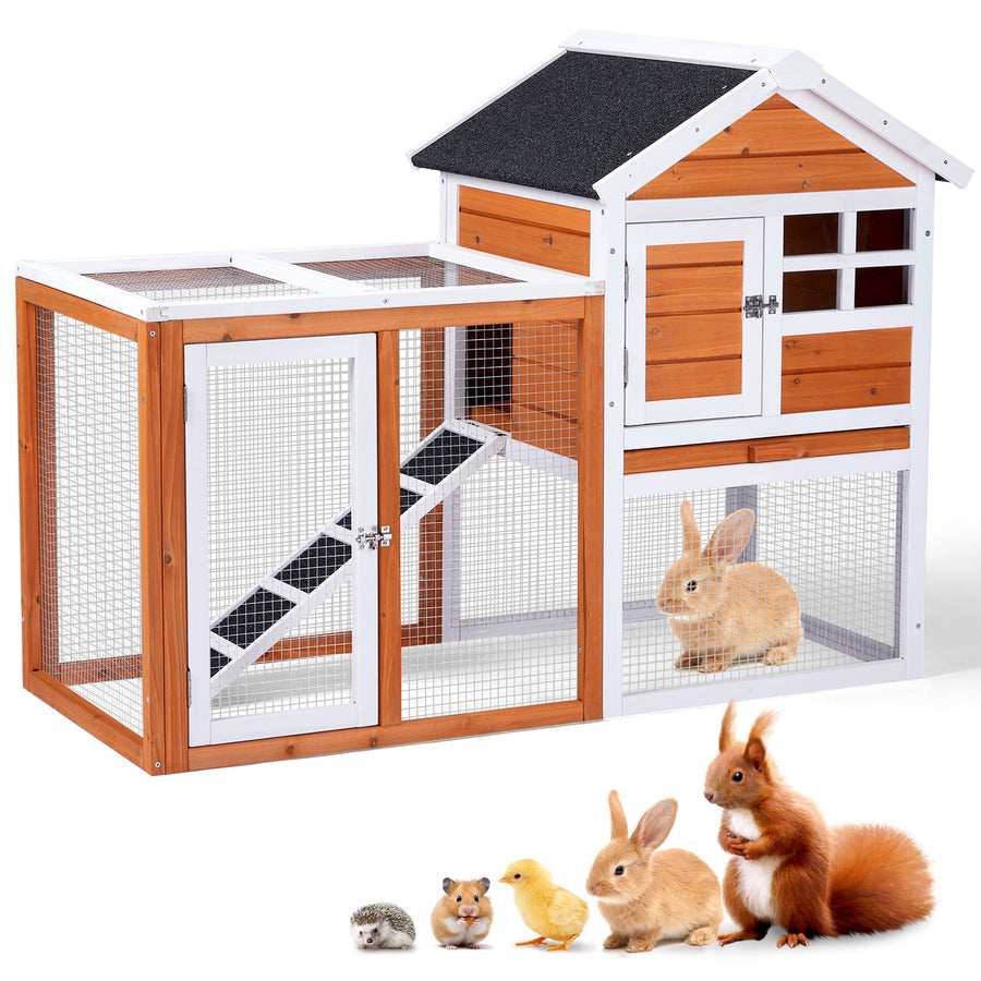 Outdoor Chicken Coop, Small Indoor Chicken Run Wooden Duck Coop, 2-Tier Pet House with Ladder & Waterproof Roof, 48" Rabbit Hutch Poultry Cage with Pull-Out Tray