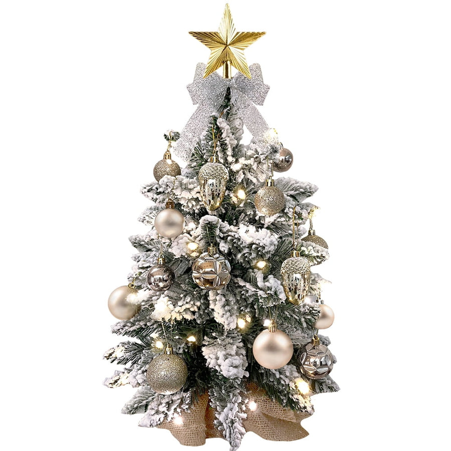 Tabletop Christmas Tree with Lights, 2FT Pre-lit Christmas Tree with Rich Decorations, Mini Artificial Tree Shiny Ornaments & Light String for Xmas, White Small Lighted Tree for Home Decor, Gold