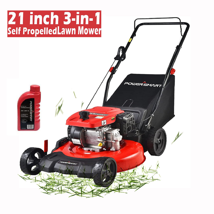 Self Propelled Lawn Mower Gas, Powerful 209CC Cordless  Lawn Mower with 4-Stroke OHV Engine, 21¡¯¡¯ Cutting Deck, 5 Heights Adjustable, Red Walk Behind Lawn Mower for Garden Yard