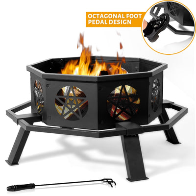 35'' Octagonal Fire Pit, Metal Fire Pit for Outside Foot Pedal Design, Wood Burning Outdoor Fireplace with Poker for Backyard Patio Garden,