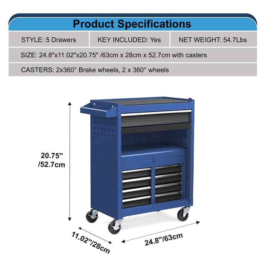 Seizeen Tool Box, Upgraded 5-Drawer Rolling Tool Chest on Wheels, Garage Tool Cabinet Organizer with Detachable Tool Box, Multifunctional Steel Storage Box for Hair Salon Repair Shop Studio