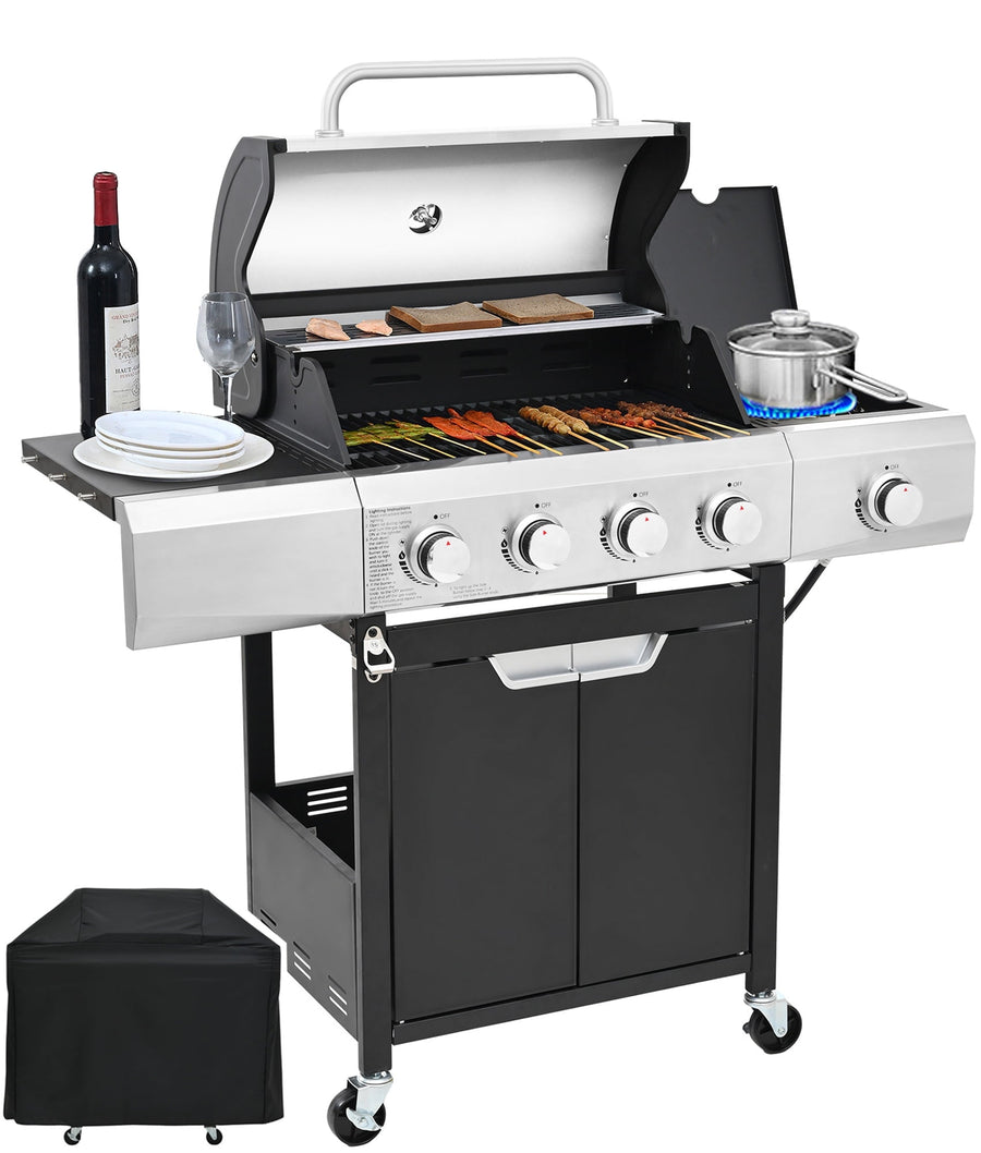 51000BTU Propane Gas Grill with Side Burner, 4-Burner Outdoor BBQ Grill w/ Cover, Lockable Wheels, Side Table, Large Cooking Area, Patio RV Party