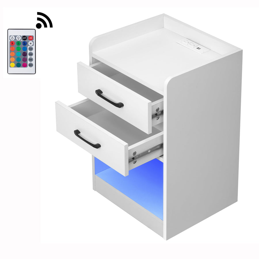 LED Nightstand with 2 Drawers, Seizeen White End Side Table with Storage Cabinet, Charging Station, 16 Color Lights Remote Control, Bedroom Living Room Bedside Sofaside