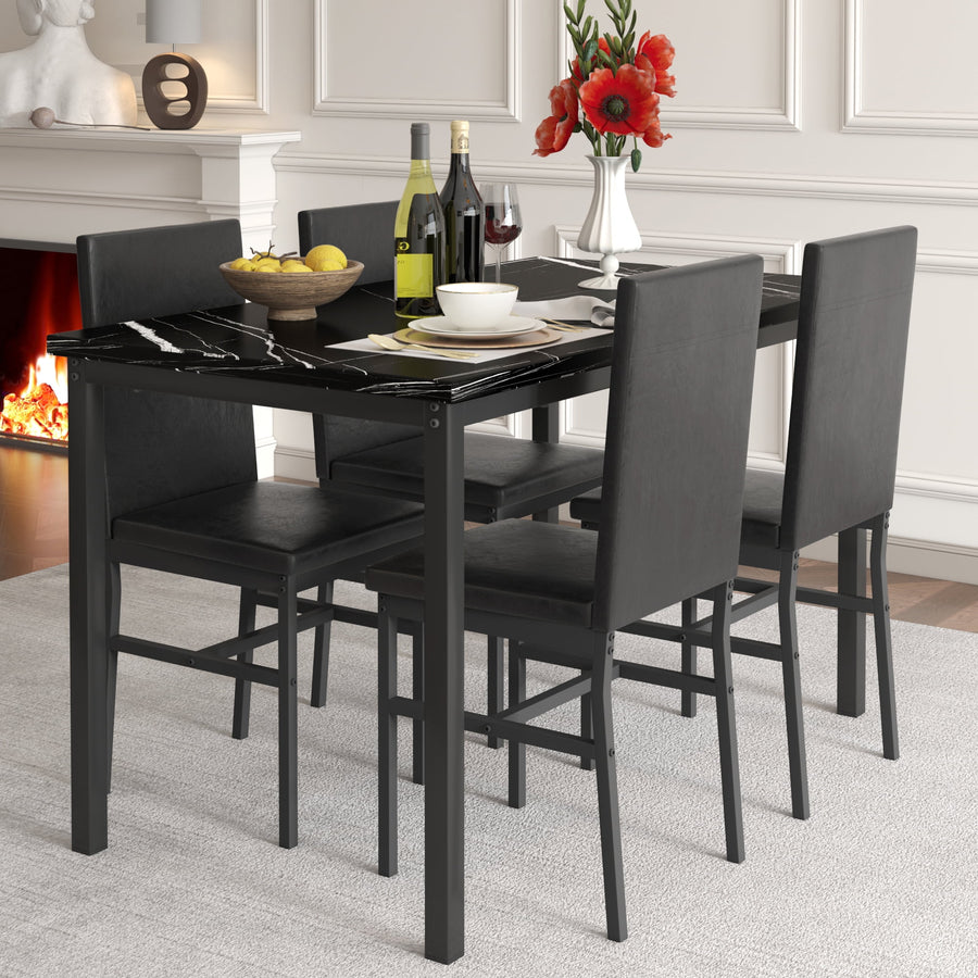 5-Piece Dining Table Set for 4, Kitchen Table Set with Chairs, Marble Top Table & Leather Chairs, Living Room Breakfast Nook Dining Furniture Set, Elegant Black