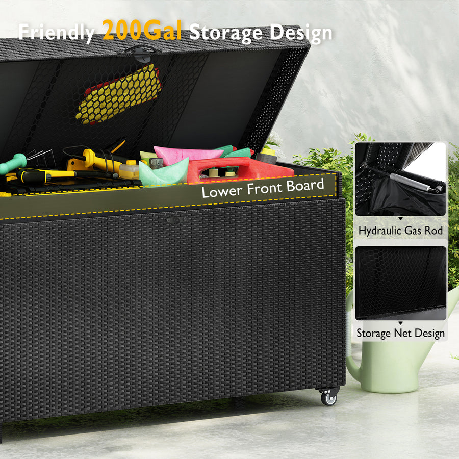 Seizeen 200Gal Outdoor Storage Box on Wheels, PE Rattan Wicker Deck Box, Pool Storage Bin for Patio Cushions Toys, Lockable Patio Storage Furniture Raised Design, All-weather Waterproof Liner