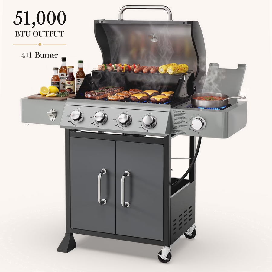 Seizeen Gas Grill with Side Burner, 51,000 BTU Outdoor BBQ Grill w/Porcelain-Enameled Cast Iron Grates, 4-Burner Portable Propane Grill on Wheelsfor Patio Backyard