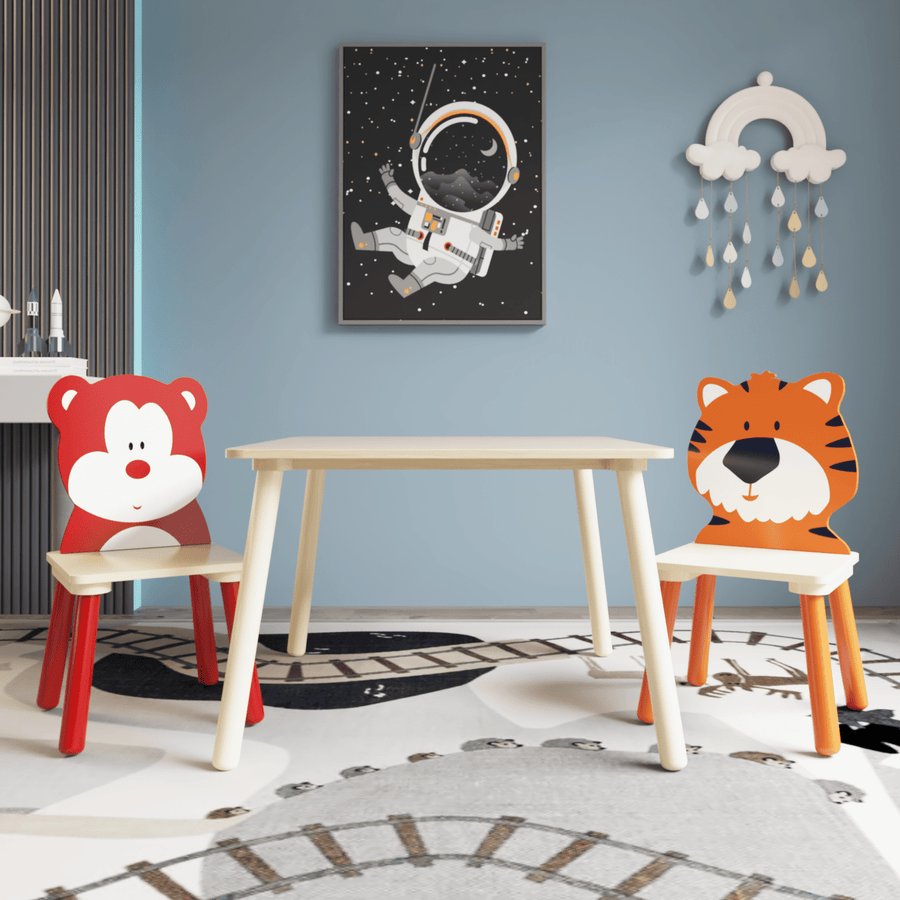 Seizeen Kids Table & Chair Set, 3 Pieces Cartoon Table with 4 Chairs Solid Wood Kids' Room Furniture Indoor, Kid's Room, Nursery Furniture Set, Bear&Tiger Backrest Chair