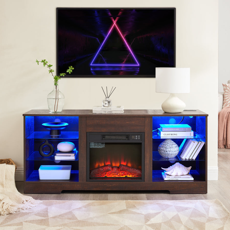 3-IN-1 LED TV Stand with Fireplace for 55, 60, 65 Inch TV, 58¡¯¡¯L Entertainment Center TV Cabinet for Home Room, 7-color Light, 3-level 3D Flame, Charging Station