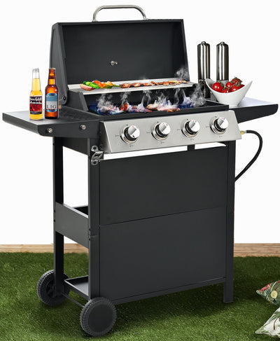 Seizeen 4-Burner Propane Gas Grill, Outdoor BBQ Grill with Side Table, Stainless Steel, 3,4000BTU
