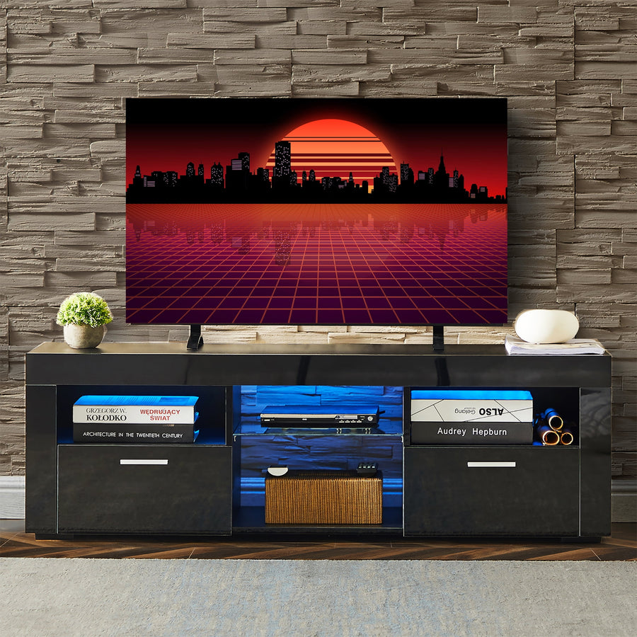 Seizeen TV Stand for TV Up to 55¡¯¡¯, Wood TV Console Cabinet with 6 Shelves, Black Modern Entertainment Center, 51 x 14 x 16 inch