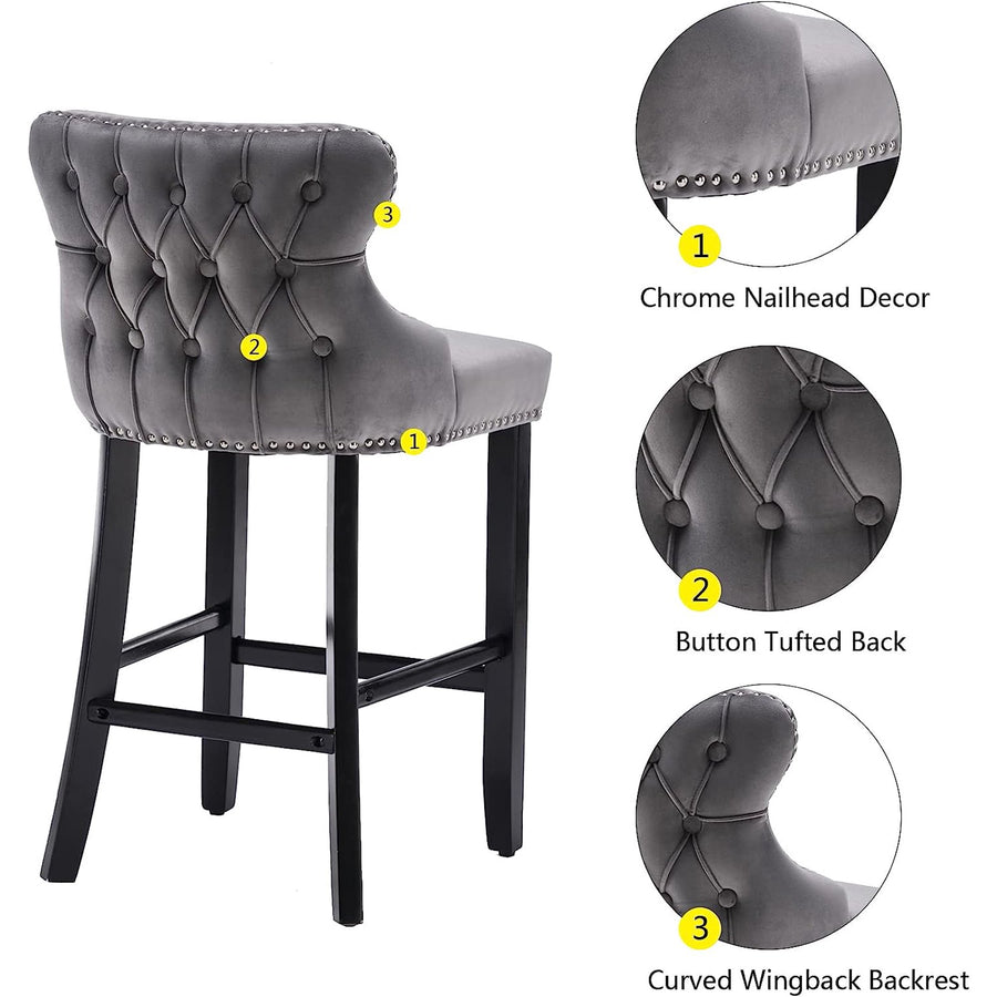 Seizeen Counter Height Bar Stools, Set of 2, Wing-back Velvet Dining Chairs with Soft Cushion, Solid Wood Legs, Button Tufted Decoration and Chrome Nailhead Trim, Gray
