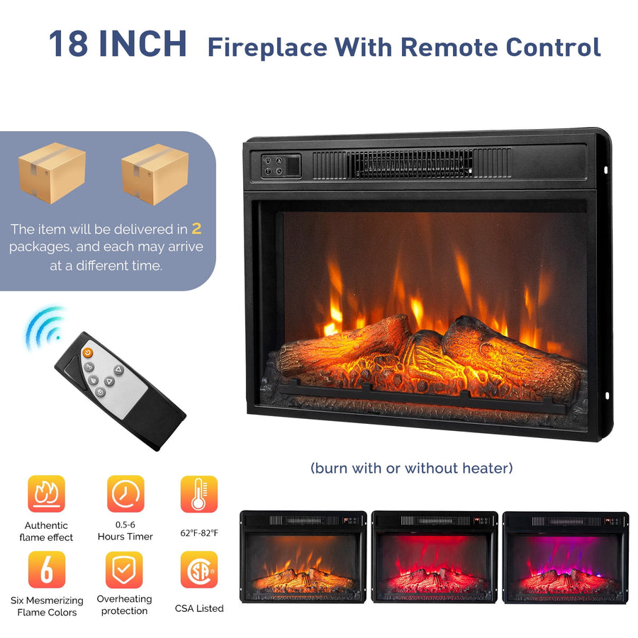 Fireplace TV Stands for Living Room, Multifunctional TV Console With 18'' Fireplace, Retro Entertainment Center for Bed, Multi-color 3D Flame, 62-82℉ Heating Only Mode, Timer