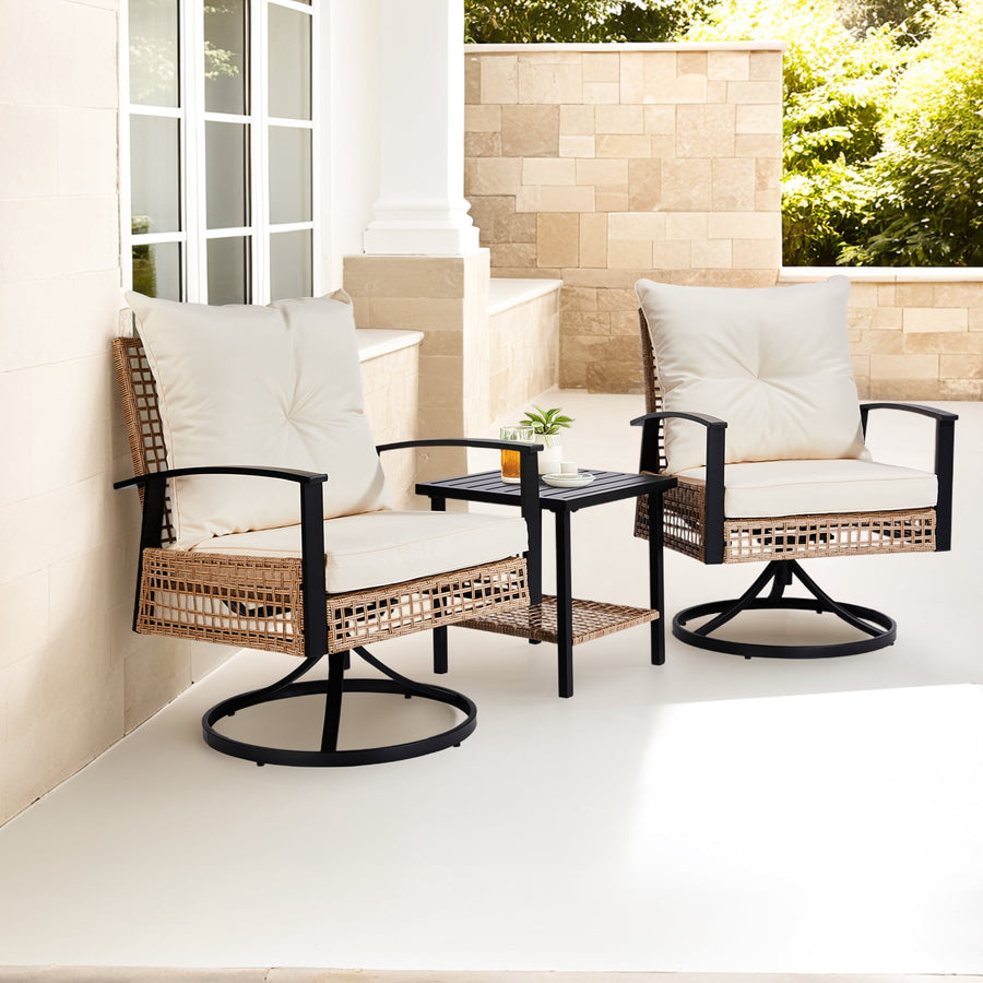 3-Piece Outdoor Swivel Rocking Chairs Set with Coffee Table, Weather-Resistant Patio Furniture for Porch Backyard Poolside, Thick Cushions, Easy Assembly, Durable Wicker 360° Swivel Rocker Bistro Set