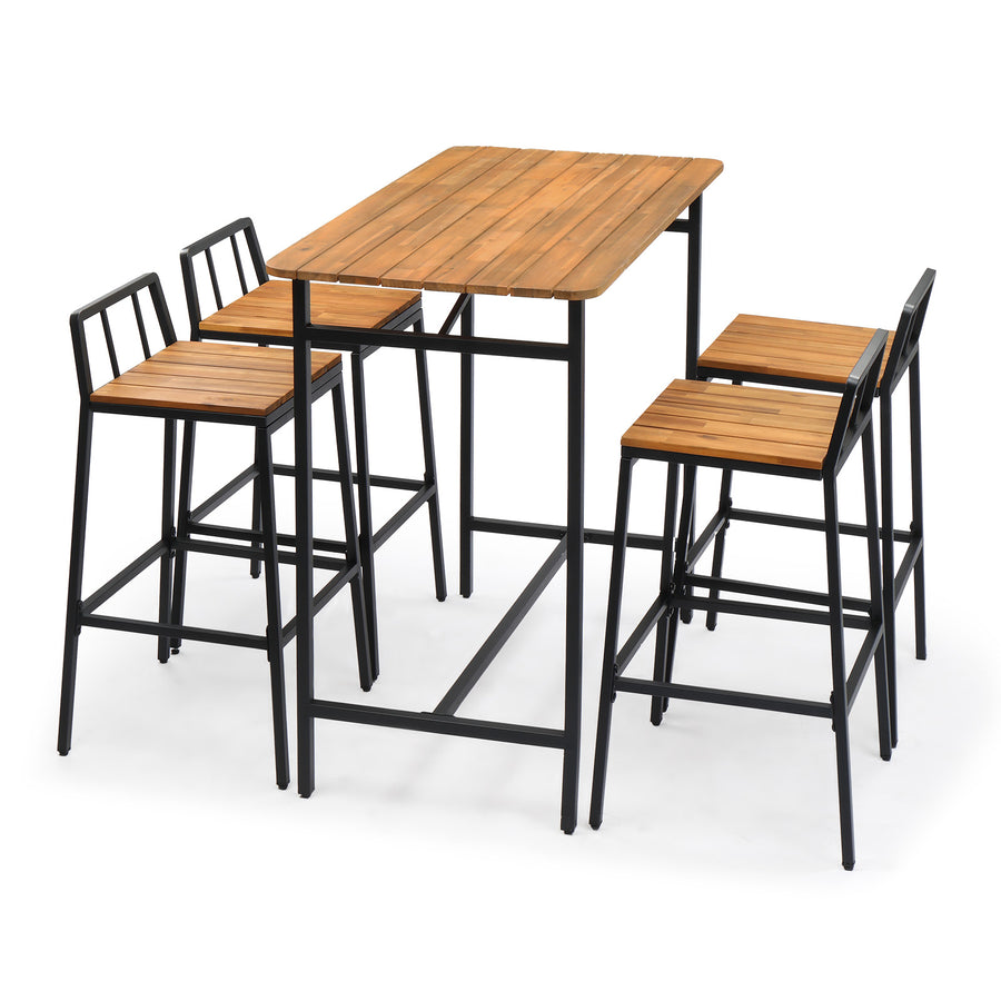 5-Piece Outdoor Patio Bar Table Set with 4 Chairs, Acacia Wood Counter Height Dining Set with Black Iron Frame, Outdoor Bistro Table and Chair Set for Patio, Garden, Balcony, Backyard