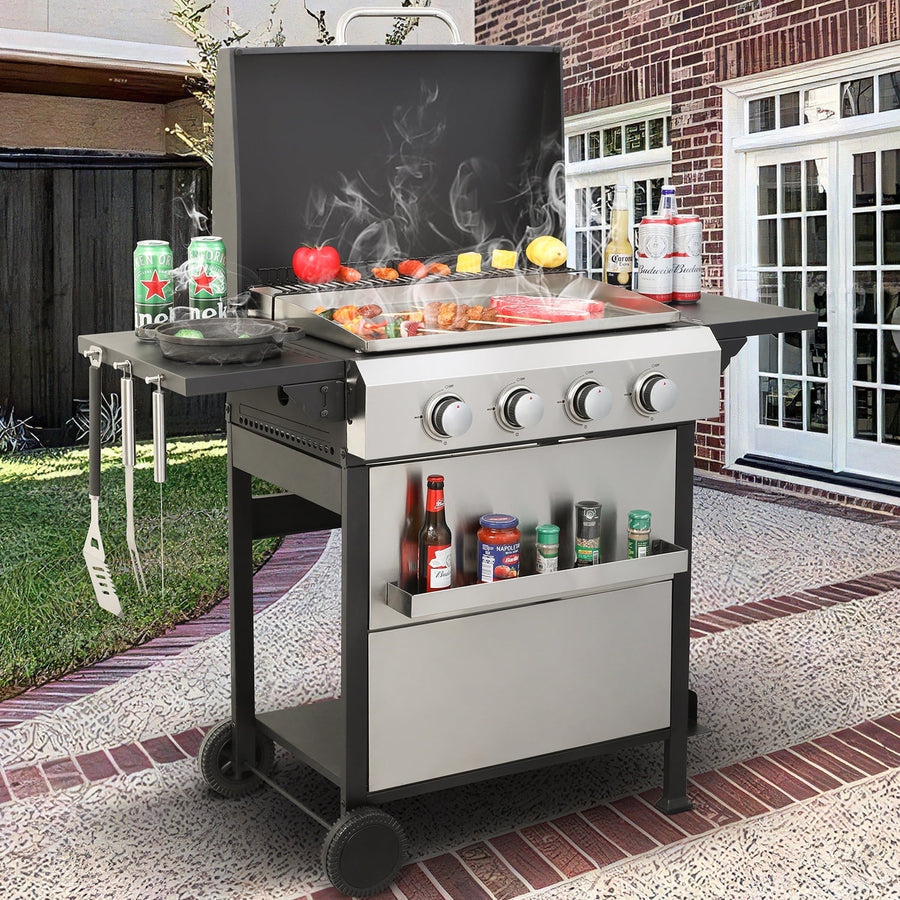 Seizeen 2-IN-1 Combo Grill for Outdoor BBQ, 4-Burner 49200BTU Gas Propane Grill & Gribble, Multifunctional Camping Grill w/17¡¯¡¯x23¡¯¡¯ Stainless Steel Plate, Foldable Side Table