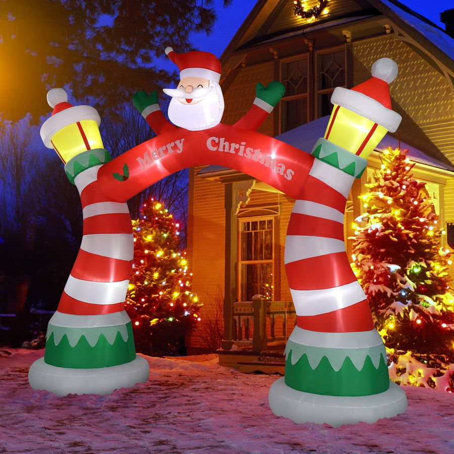 8.9FT Christmas Inflatables Decoration, Outdoor Lighted  Inflatable Santa Claus Christmas Arch with 10pcs LED String Lights, Quick Assembly Home Yard Décor Waterproof with Electric Air Fan