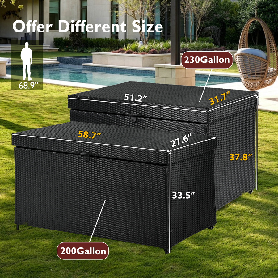 Deck Box Waterproof, 200Gal Rattan Storage Box for Outdoor Pool, PE Wicker Storage Bin Bench on Wheels, with Liner, Mesh Pocket, Gas Rod Lid, Lockable Cushions Storage, Black