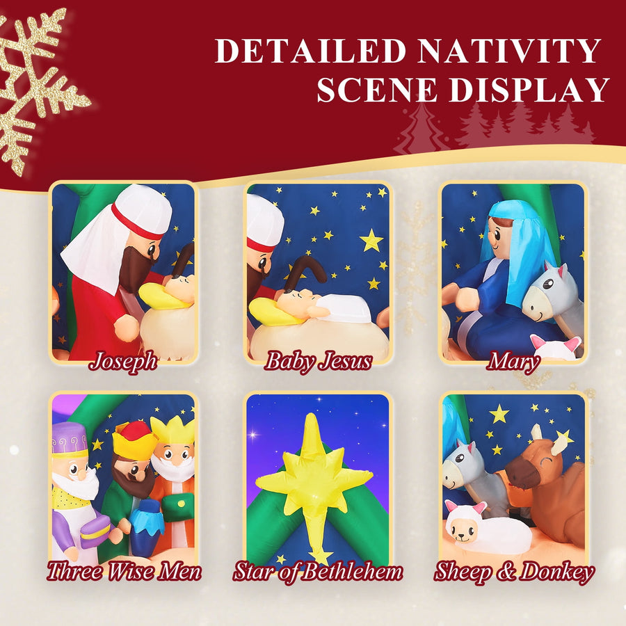 Outdoor Inflatable Christmas Decor, 9ft Lighted Inflatable Nativity Scene with Built-in Air Blower, Garden Decoration for Yard Patio Garden with LED Lights