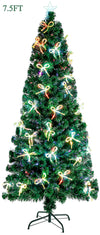 7.5FT Artificial Pencil Christmas Trees with Lights,  Pre-Lit Xmas Trees with Bow Shape Color Changing Led, Lighted Green Christmas Trees 300 Branch Tips