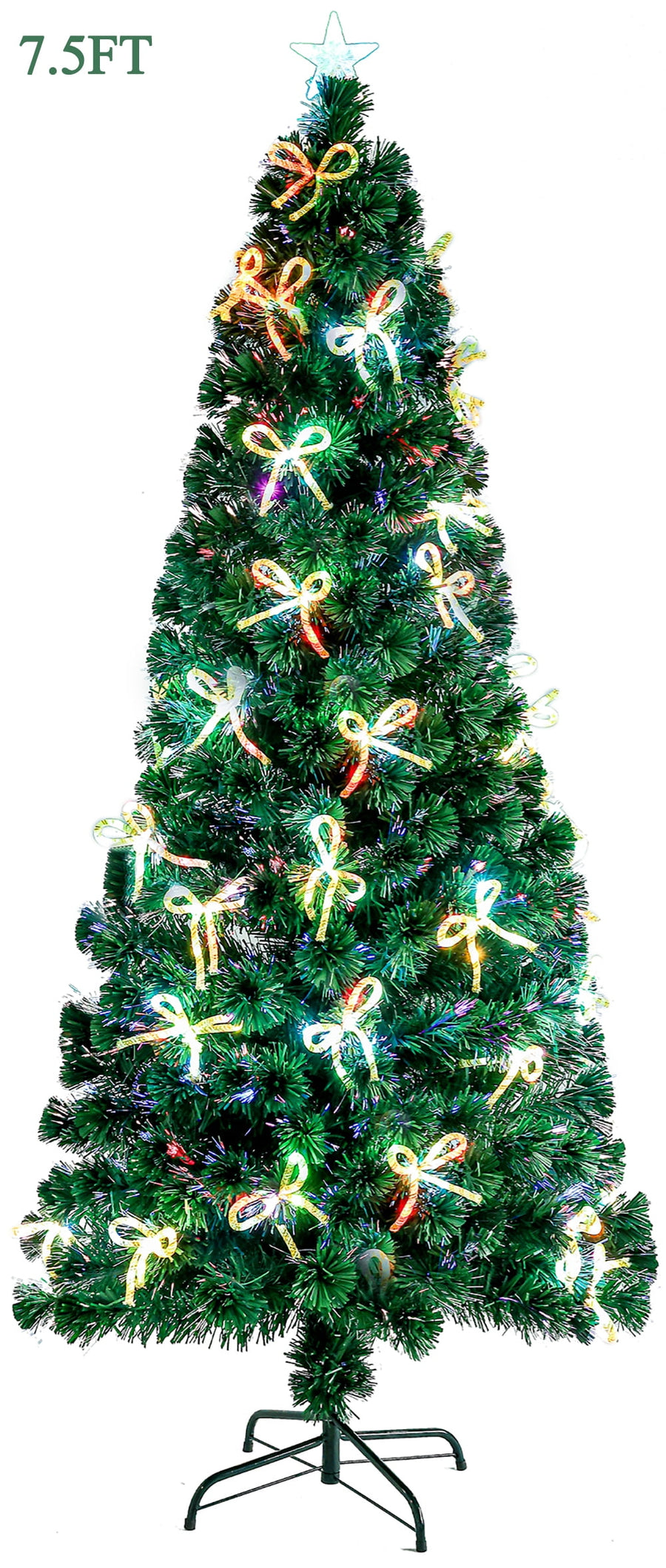 7.5FT Artificial Pencil Christmas Trees with Lights,  Pre-Lit Xmas Trees with Bow Shape Color Changing Led, Lighted Green Christmas Trees 300 Branch Tips