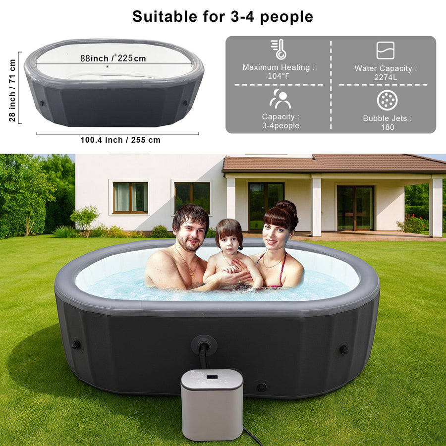Inflatable Hot Tub Portable Oval Spa for 2-4 Person, 180 Bubble Jets Outdoor Hot Tub with Cover, Filter Cartridges, Pump, Floor Mat, Rapid Heating up to 104°F, Gray
