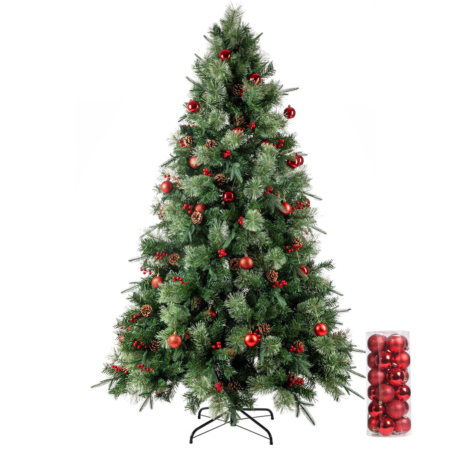 Seizeen 6.5FT Lighted Christmas Tree, Green Pre-lit Artificial Tree with 350 LED Lights Pine Cones, Berries, Flocked Xams Tree Decor for Indoor Outdoor Home Holiday, 1200 Branch Tips