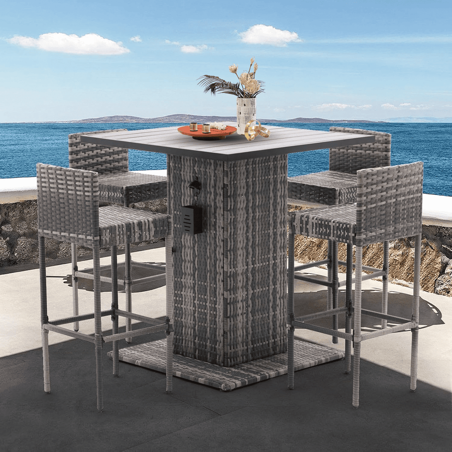 5-Piece Outdoor Bar Set, PE Rattan Patio Furniture Conversation Bistro Set, Wicker Pub Table Set for Balcony Poolside, Storage Metal Table with Bottle Opener