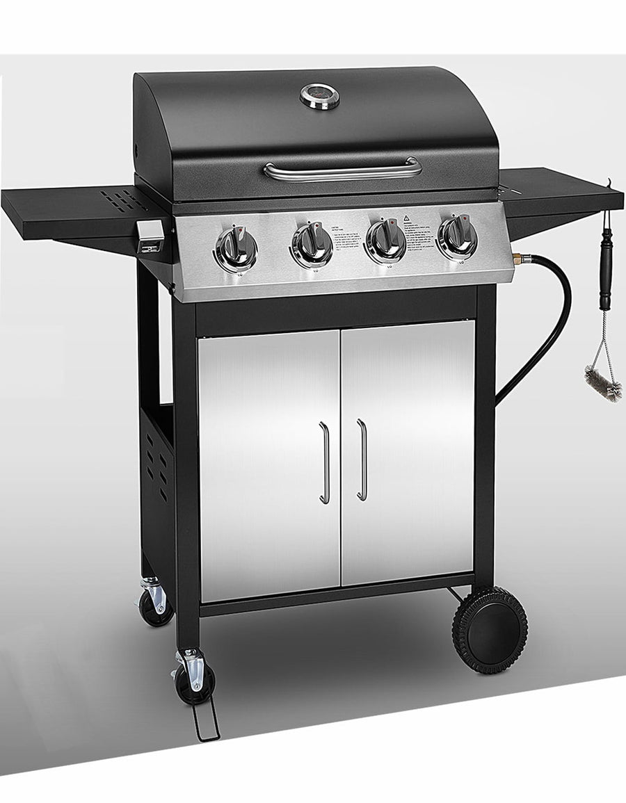 40,000BTU Grill w/Brush, 4-Burner Propane Gas Grill Stainless Steel, Outdoor Camping BBQ Grill on Wheels Portable for Patio Poolside RV