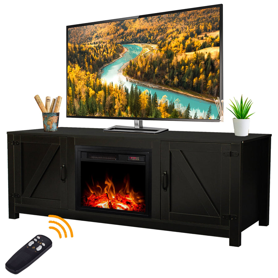TV Stand with Fireplace, Wood Electric Fireplace TV Stand with Remote Control and Storage Cabinet, Fireplace Heater Entertainment Center for TV's Up to 60" with 2 Doors, Black