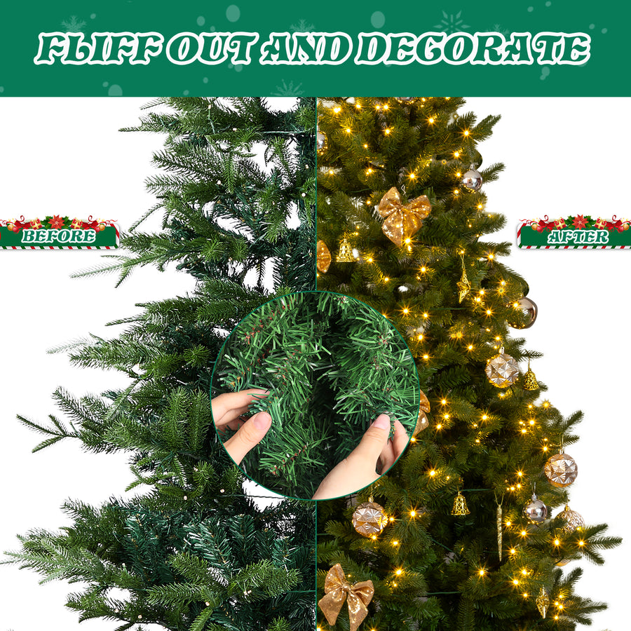 7.5FT Christmas Tree with Lights, Artificial Tree w/Full 950 Branch Tips, Hinged Xmas Tree with Gold Ornaments, Tree Skirt, 400 Warm White Lights with Remote, Easy Setup, Fire-Resistant