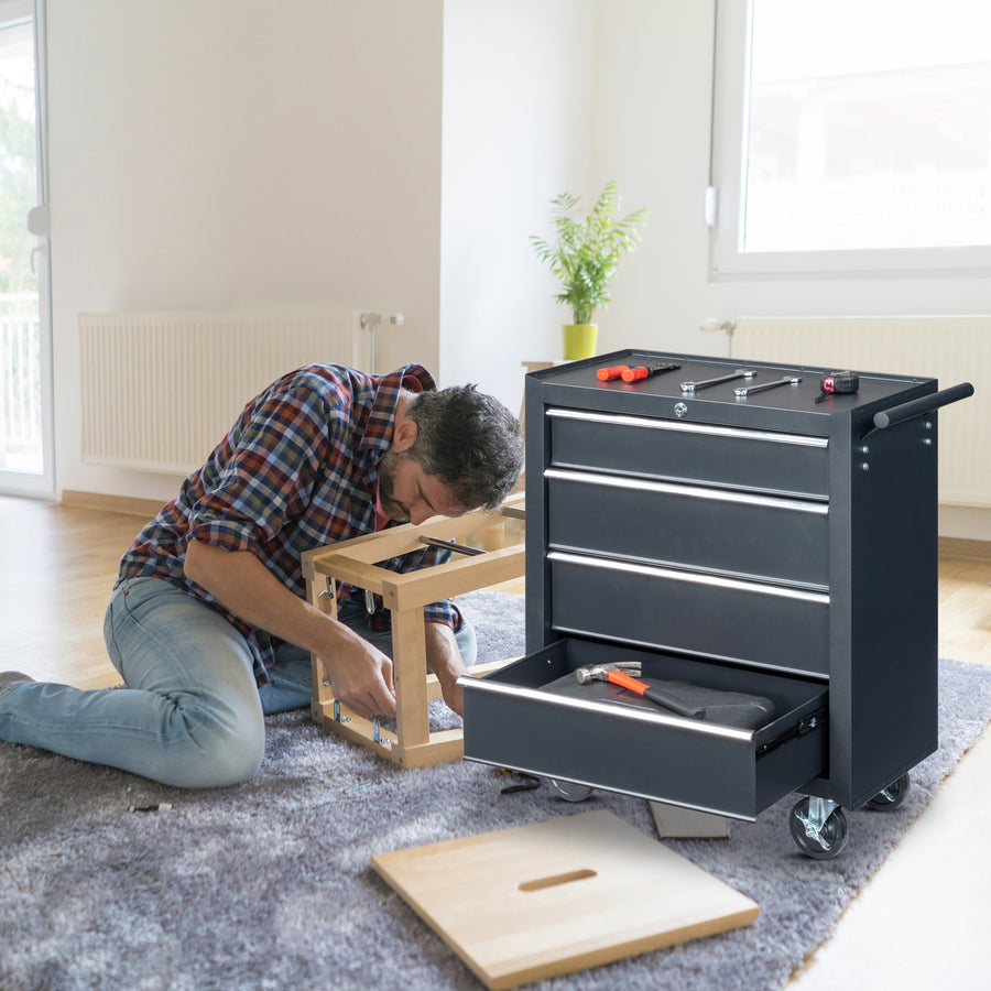 Seizeen 4-Drawer Rolling Tool Box, Garage Tool Chest Large Capacity, Lockable Tool Cart Organizer on Wheels with Sliding Drawers, Black