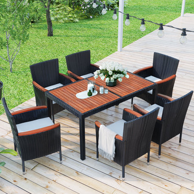 Seizeen 7 Piece Patio Furniture Set, PE Wiker Rattan Patio Dining Set w/WoodTop, Outdoor Table and Chairs Cushioned, Deep Seat, Hight Backrest