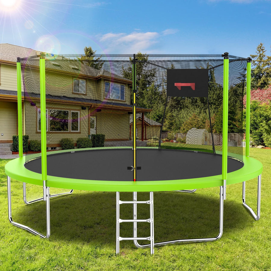 14FT Trampoline for Kids Adults, Seizeen Round Trampoline with Enclosure Net, 2-IN-1 Outdoor Trampoline w/Hoop, Ladder, Waterproof Mat