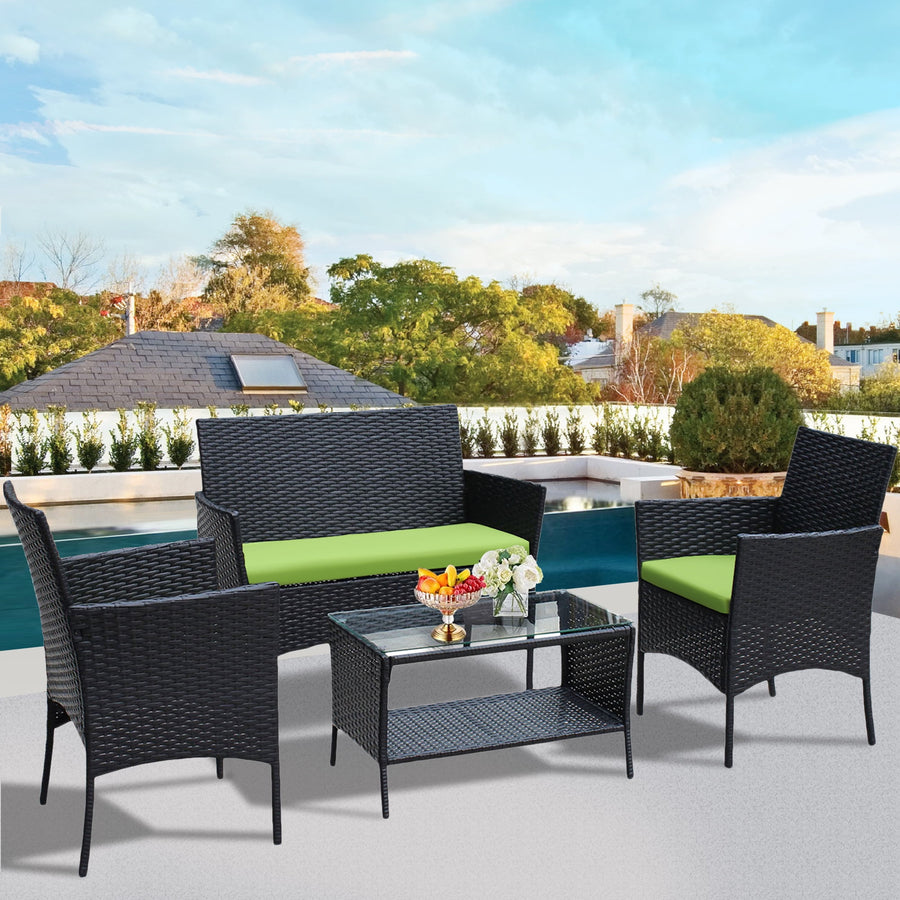 New Outdoor Patio Furniture Set 4pcs, Seizeen All-Weather PE Rattan Conversation Set w/2-Tier table, Loveseat Cushioned Outdoor Furniture Sofa for Yard, Porch, Garden, Deck, Green Cushions