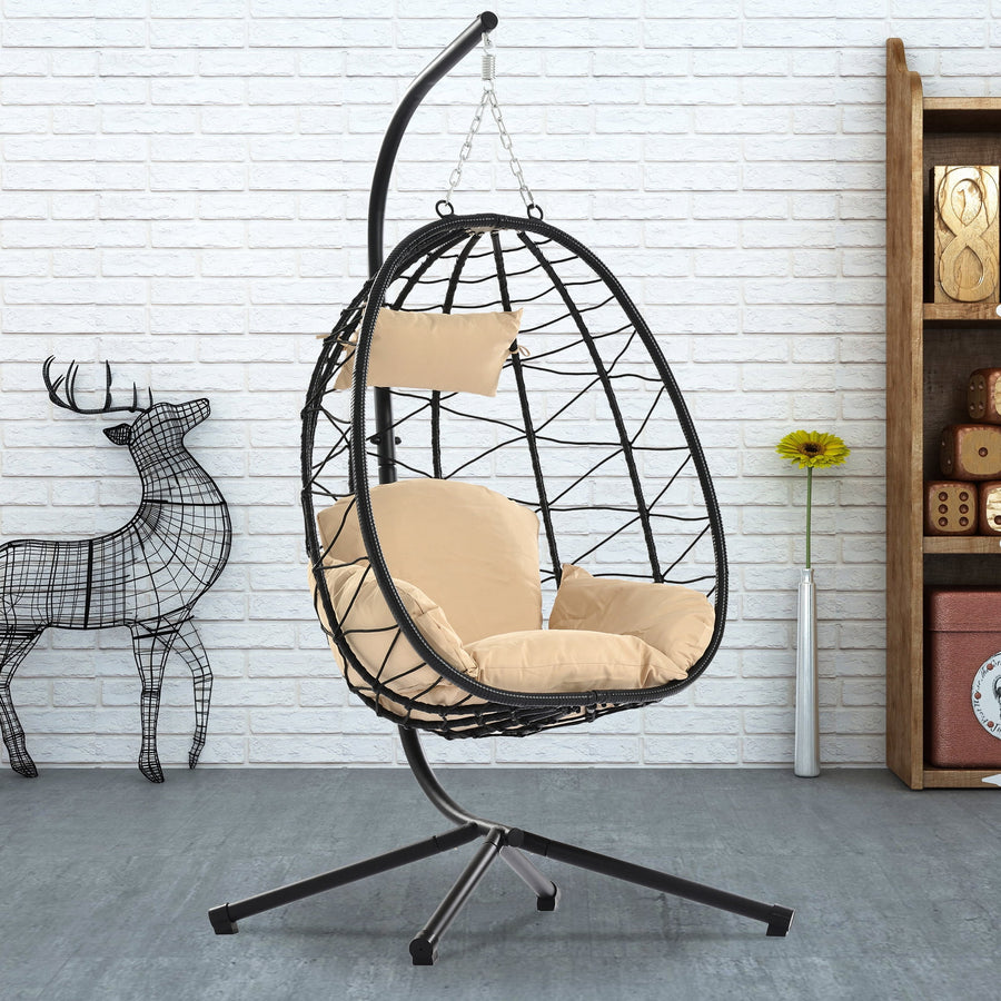 Hanging Egg Chair Indoor & Outdoor, Wicker Swing Chair with Stand, Patio Egg Chair swing with All-Round Cushions for Outside Balcony Porch Bedroom, Beige