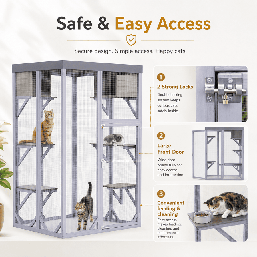 Outdoor Wooden Catio, 70 in Tall Cat Enclosure with 4 Platforms, 2 Napping Houses, Detachable Waterproof Cover and Galvanized Wire, for Indoor Outdoor Use
