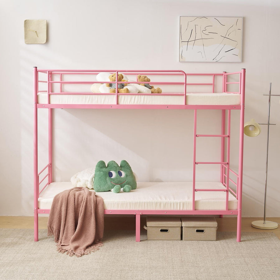 Bunk Bed for Kids, Twin Over Twin Metal Bed Frame for 2, Heavy-duty Kids'Room Bunk Bed with 360¡ã Guard Rails & Ladders, Per Bed Up to 400LBS, Pink