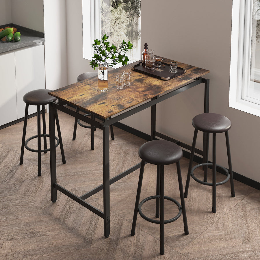 Kitchen Table Set with Chair, 5pcs Dining Room Table Set for 4, High Top Bar Pub Table Set with Leather Cushioned Stools, Counter Height Kitchen Dining Set for Small Space Apartment, Round