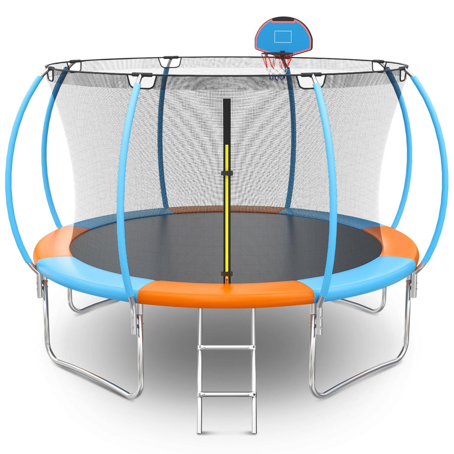 Kids Trampoline with Enclosure, 10ft Round Trampoline with Basketball Hoop & Curved Poles, Upgrade Colorful Trampoline for Outdoor Backyard, Ladder, All-Weather Mat, Max Weight 440LBS