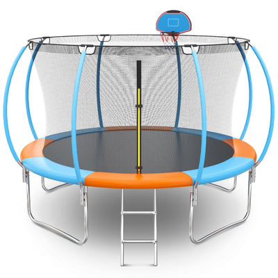 Kids Trampoline with Enclosure, 10ft Round Trampoline with Basketball Hoop & Curved Poles, Upgrade Colorful Trampoline for Outdoor Backyard, Ladder, All-Weather Mat, Max Weight 440LBS