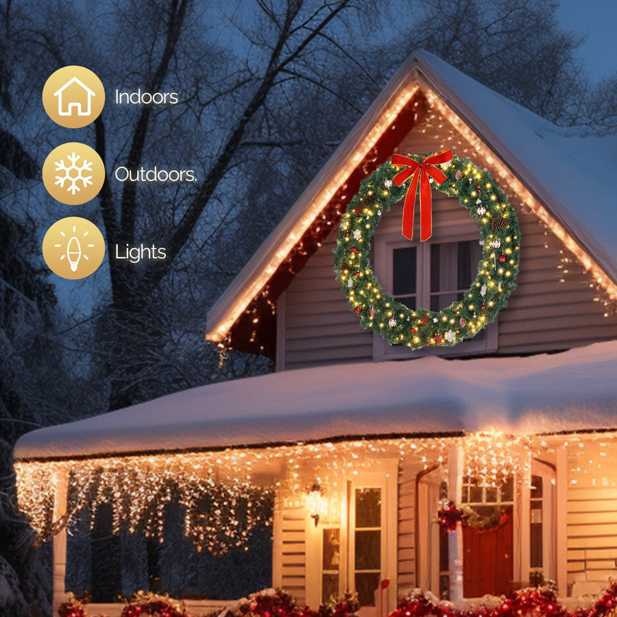 Seizeen Lighted Christmas Trees Set, 2 Packs 4' Pre-Lit Christmas Trees 20" Wreath and 9' Garland, Indoor Outdoor Artificial Xmas Tree with 10 Light Modes for Gate Fireplace Decor, 4 Pcs, White