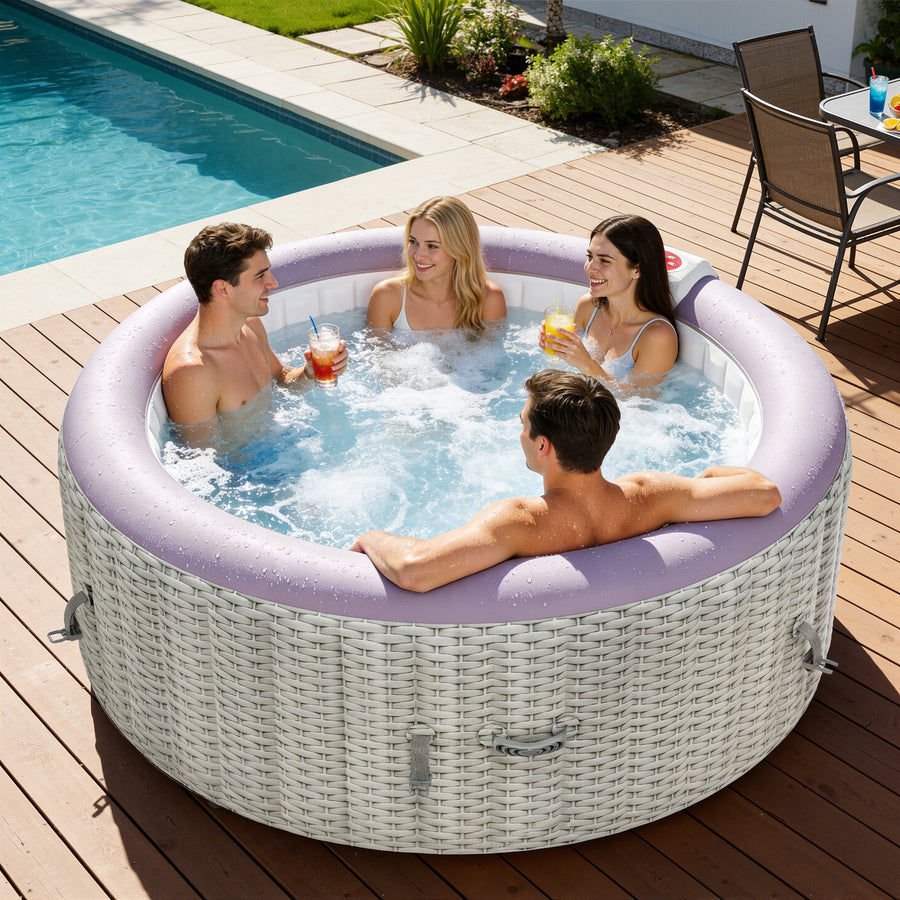 Seizeen 2-4 Persons Inflatable Hot Tub, 71in Round Hot Tub with Built-in Pump, Woven Pattern Home Spa with 110pcs Jets, Lockable Cover, 2 Cup Holders, 4 Filters Rapid Heating up to 104°F