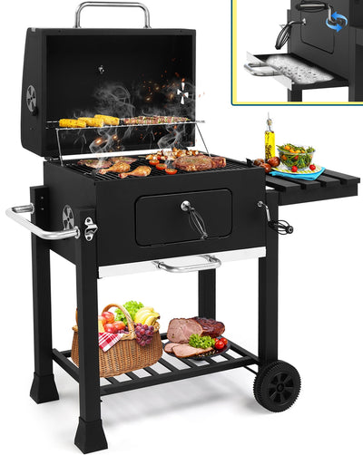 Seizeen 22.5'' Outdoor Heavy-duty BBQ Charcoal Grill Adjustable, Portable Smoker Grill w/ Foldable Side Table, Wheels, Storage Shelf