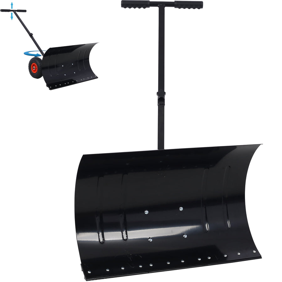 Metal Snow Pusher Shovel With Wheels, Seizeen Snow Pusher for Driveway, 29" Angled Blade, 10" Anti-skid Wheels, Tilt