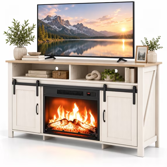 Electric Fireplace TV Stand for 60 65" TV, Farmhouse Entertainment Center with 24.5 Inch Electric Fireplace Insert, Media Console with 2 Doors, Opened Display Shelves for Living Room