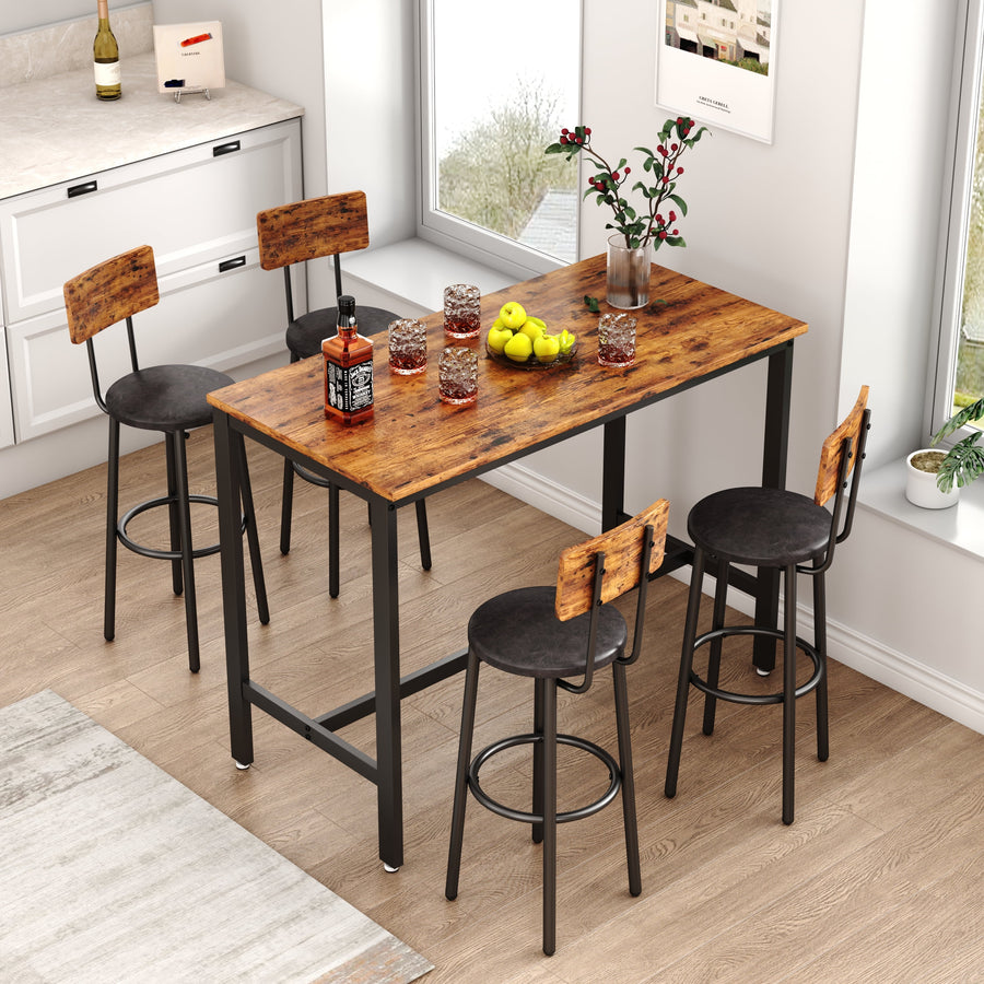 Dining Table Set for 4, Metal Counter Height Dining Set 1 Table & 4 Stools, Rustic Brown Bar Table Set, Kitchen Table Sets with Backrest PU Leather Chairs for Small Spaces