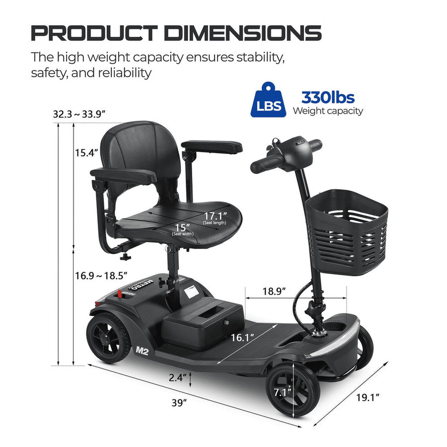Yardmaster 4-Wheel Foldable Mobility Scooter, Portable Electric Scooter with Adjustable Seat, Updated Removable Battery, Explosion-proof wheels, Easy Assembly, Best Gift for Wife and Senior, Black