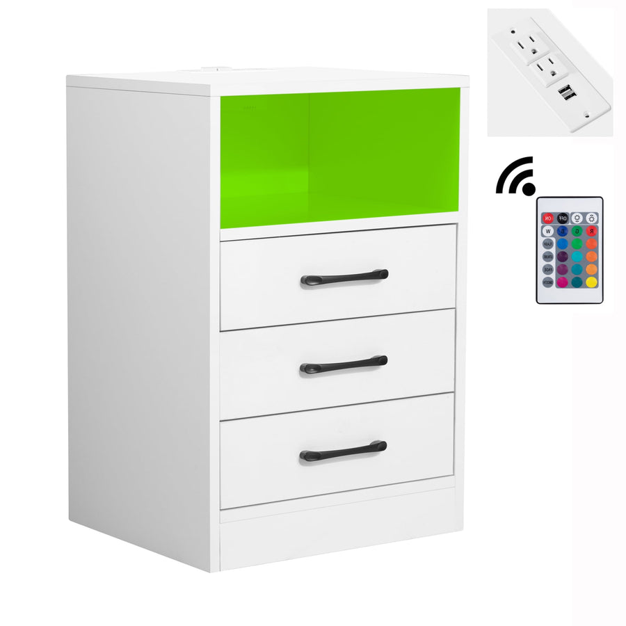 Nightstand with 3 Drawers, MDF White End Side Table for Bedroom with Storage Cabinet, Charging Station and LED Light with Remote control