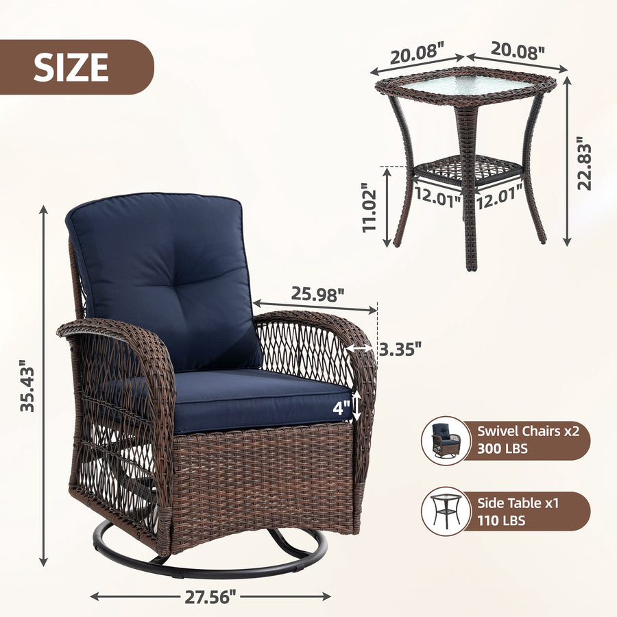 Seizeen 3PCS Balcony Furniture, 360° Swivel Rocking Porch Furniture Set of 2, Outdoor Small Patio Conversation Set Bistro Table and Chairs for Lawn Garden