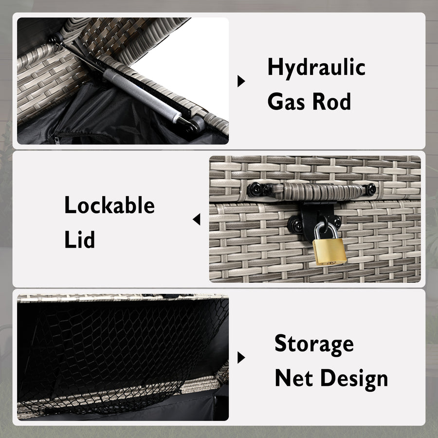 Seizeen Outdoor Storage Box, Gray Waterproof Rattan Deck Box with Liner, Lockable Storage Bin for Patio Pool Cushions Furniture on Wheels, with Mesh Pocket, Gas Rod Lid, Raised Design, 230Gal